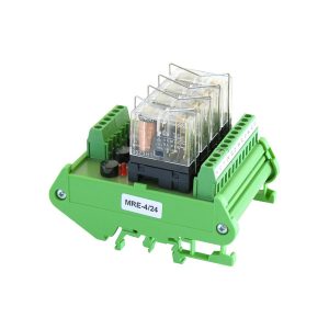 DIN rail interface with 4 x 10A relay outputs – 24V PNP/NPN coils