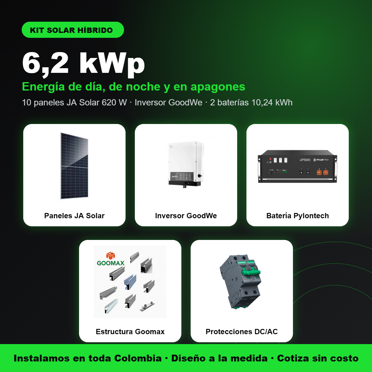 Kit solar híbrido residencial 6,2 kWp con 2 baterías Pylontech 10,24 kWh e inversor GoodWe | Solar Fox Colombia